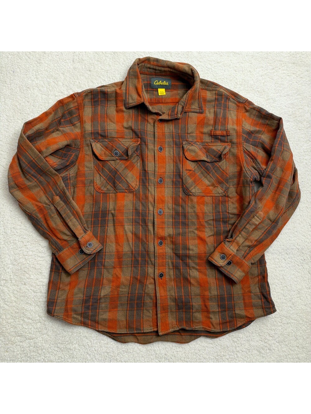 Cabela's Flannel Shirt Mens XL Orange Brown Plaid Button Up Heavy 100% Cotton